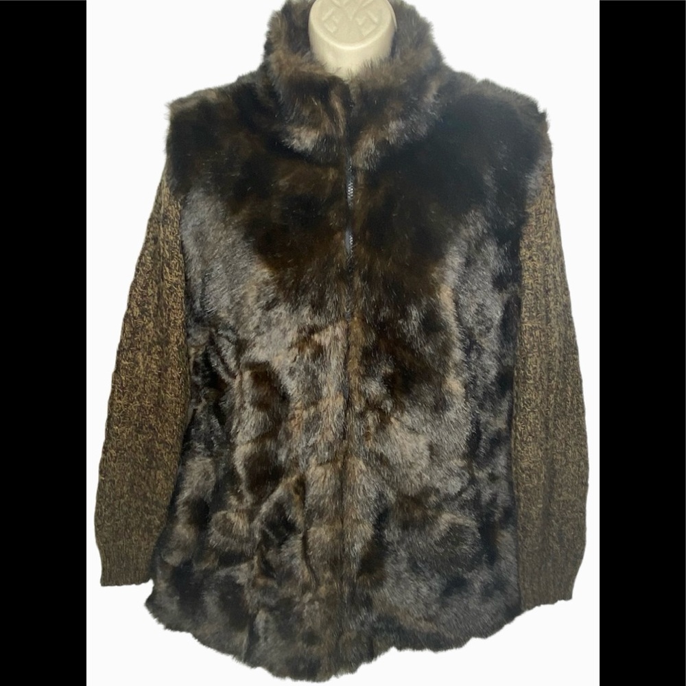 Alpine Studio Women's Faux Fur Knit Sleeves Winter Coat L Brown Full Zip Pockets